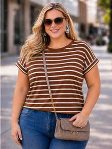 Women's Plus Size Striped Blouse, Black And White, Short Folded Sleeves, Oversized, Comfortable, Casual Urban Fashion, Daily Wear, Vacation, Cold Weather, Winter - 鏽棕色 - 查看 1