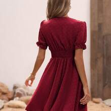 Swiss Dot Puff Sleeve Ruffle Detail Shirred Waist A-line Dress - Burdeos - Ver 9
