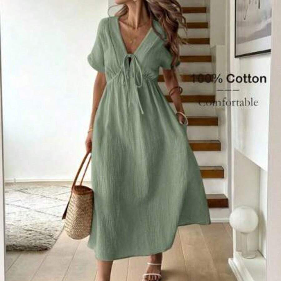 Apricot Bowknot Casual Midi Dress For Women Baby Blue Dress,Sun Dresses For Women Work Summer Dresses,Shirt Dresses For Women - Verde - Ver 1