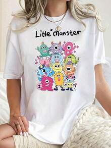 Camiseta deportiva casual para mujer con estampado de monstruo colorido y divertido en inglés, cuello redondo, manga corta, top cómodo para el verano y vacaciones woman Todo tipo de impresiones, chaqueta, camiseta de cuello redondo, casual, para oficina, para viajar, muy popular, viento deportivo, estampado/patrón, camiseta de algodón 100%, camiseta casual, cómoda, suave, transpirable The latest popular bestseller - Blanco - Ver 9