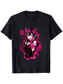Camiseta con estética de terror siniestro que muestra a una linda chica gótica de anime de manga - Negro - Ver 2