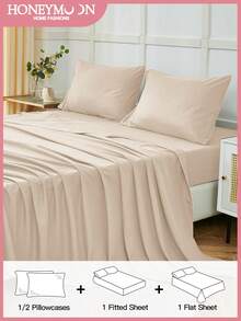 HONEYMOON 3/4 件套純色床上用品套裝（3件套 = 1件床笠 + 1件床單 + 1件枕套，4件套 = 1件床笠 + 1件床單 + 2件枕套），100% 聚酯纖維面料，Ins 風格，適用 9-12 英吋深口袋，防縮水，可機洗，適合所有尺寸，四季通用，居家與學校宿舍使用，返校必備，Oeko-Tex 認證，淺卡其色 - 淺卡其色 - 查看 2