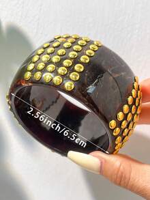 1 pieza Brazalete de estilo barroco vintage con incrustaciones de diamante de imitación exagerado, brazalete de textura de madera abierto con decoración de remaches de estrella de varios elementos - Multicolor D - Ver 8