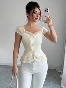 Blusa elegante de manga corta con diseño de botones y volantes en unicolor para mujer - Albaricoque - Ver 7