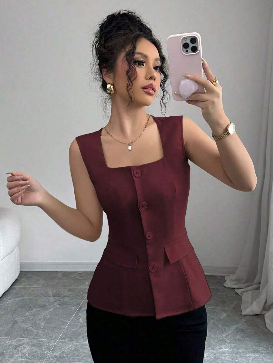 Blusa elegante de mujer con cuello cuadrado sin mangas, decoración con bolsillo falso, camisa ajustada de oficina, primavera/verano - Burdeos - Ver 1