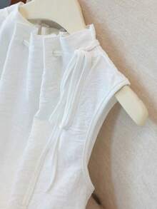 Blusa blanca elegante sin mangas, de cintura elástica y cuello suelto con cordón, de tejido texturizado, para mujer, para primavera/verano.Blusas y tops para mujer de cuello cerrado, blusas casuales y modernas para el verano - Blanco - Ver 6