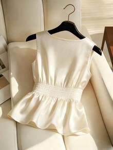 Blusa ajustada sin mangas con cuello y detalles de perlas falsas para mujer - Albaricoque - Ver 2