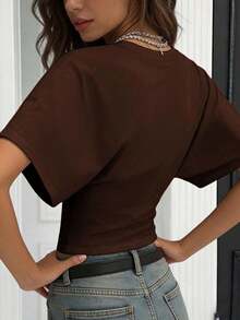 Camiseta blanca casual de mujer de cuello redondo y manga corta, holgada - Café integral - Ver 4