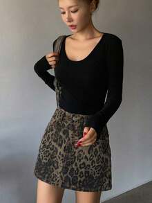Falda vaquera casual con botones delanteros y bolsillos con estampado de leopardo - Marrón 6 - Ver 4