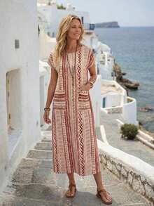 Vestido casual de mujer con estampado floral y manga corta, ideal para vacaciones de verano - Rojo - Ver 3