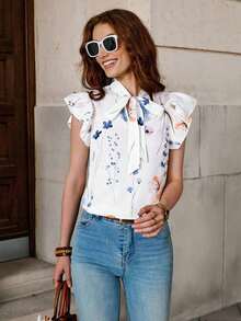 Blusa con lazo elegante para mujer, versátil para el trabajo y el uso casual, verano - Azul y blanco - Ver 6