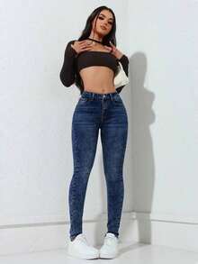 Jeans vaqueros de mujer ceñidos con bolsillos, informales y versátiles - Azul lavado oscuro - Ver 4
