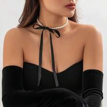 1 pieza Collar con lazo y perlas, lazo de terciopelo minimalista francés elegante y versátil para vestido de noche, boda, elegante - Multicolor - Ver 8