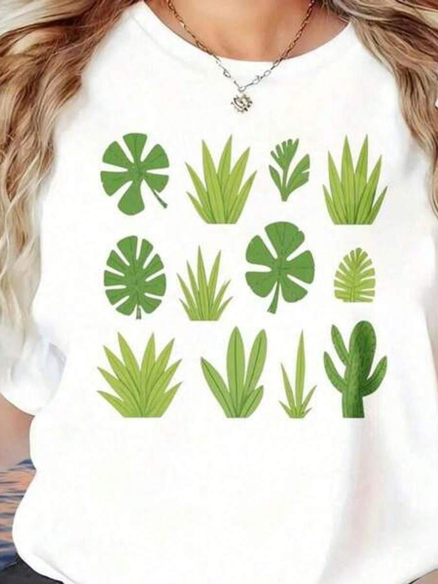 Women's White T-Shirt With Tropical Leaf Print, Cactus And Palm Design, Casual Summer Wear, Plus Size, Sportswear And Everyday Wear With Short Sleeves And Round Neck - 白色 - 查看 1