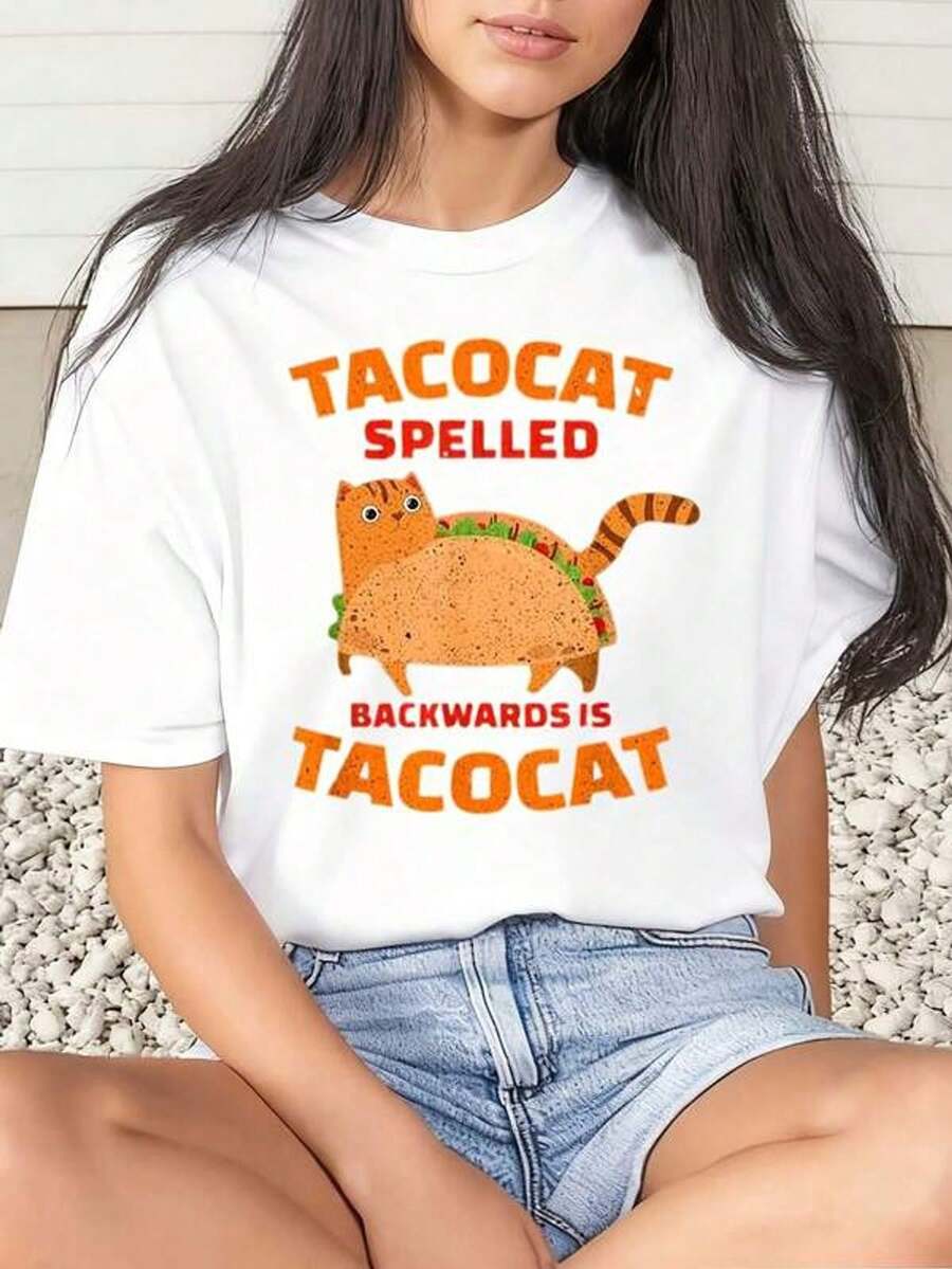 Camiseta gr£fica con estampado de "Taco Cat" al rev￩s para mujer, para uso casual y celebraci￳n del Cinco de Mayo, 220g
