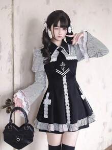 Japanese Jirai Kei Style Cross Mini Dress Women's Lapel Collar Flare Sleeve Striped Lace Dress Y2K Subculture Dress Girly Goth - màu đen - Xem 2