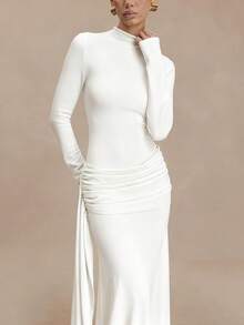 Vestido otoño-invierno cuello alto manga larga con cintas plisado ajustado estilo elegante moda europea para mujer - Blanco - Ver 2