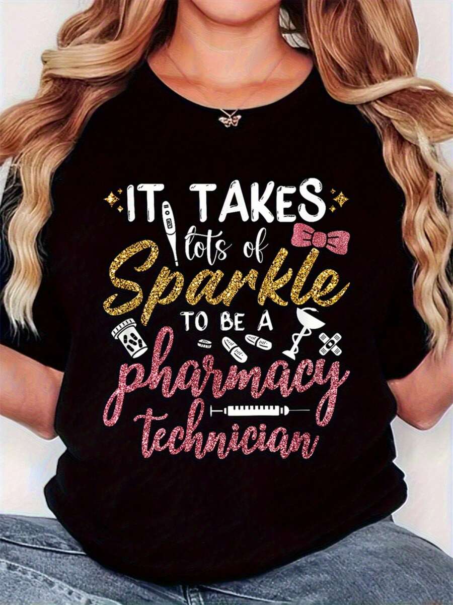 Elegante Camiseta Diaria para Mujer con Diseño Vintage de Técnico de Farmacia - Ropa de trabajo con humor farmacéutico y el eslogan "Ser técnico de farmacia requiere mucho brillo" - Diseño temático y símbolos farmacéuticos, adecuada para técnicos de farmacia y farmacéuticos, corte casual y cómodo, camiseta de moda chic. - Negro - Ver 1