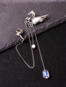 Punk Hiphop Metal Chain Faux Pearl Tassel Animal Horse Brooch, Unique Cyberpunk Design Formal Suit Decoration Pin - Multicolor - View 3