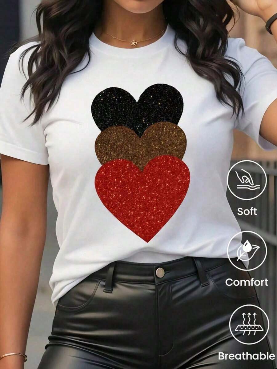 Camiseta de Mujer con Diseño de Corazones Apilados Brillantes en Blanco, Negro, Marrón y Rojo, Manga Corta, Cuello Redondo, Algodón, Ligera y Transpirable, Ideal para el Verano, Perfecta para Uso Diario, Primavera y Estilo Casual Romántico, Transpirable y Cómoda. - Blanco - Ver 1