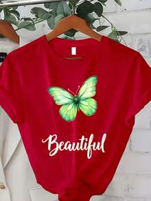 Camiseta Clásica de Talla Grande para Mujer con Estampado de Mariposas Verdes - Top Casual de Manga Corta y Cuello Redondo, adecuada para primavera, verano y otoño, perfecta como regalo de Navidad o Año Nuevo (lavable a máquina) - Artículo cómodo y versátil, adecuado para todas las estaciones. Bestseller - Rojo - Ver 1