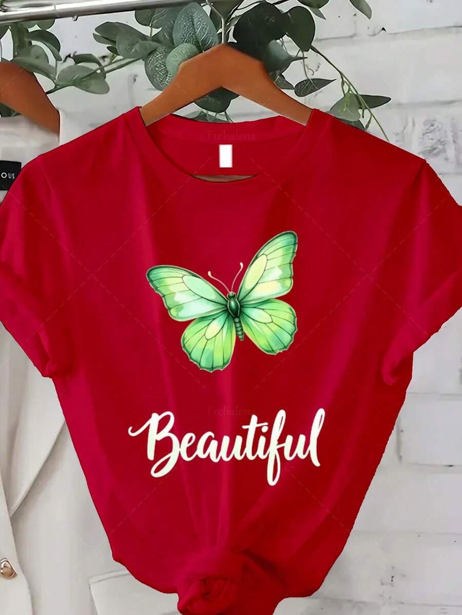 Camiseta Clásica de Talla Grande para Mujer con Estampado de Mariposas Verdes - Top Casual de Manga Corta y Cuello Redondo, adecuada para primavera, verano y otoño, perfecta como regalo de Navidad o Año Nuevo (lavable a máquina) - Artículo cómodo y versátil, adecuado para todas las estaciones. Bestseller - Rojo - Ver 1