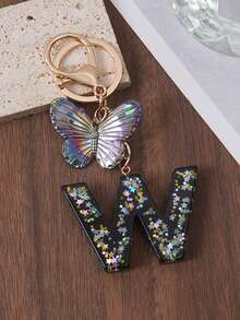 1pc A-Z Black Glitter Letter & Butterfly Keychain, Initial Resin Keyring, Holographic Butterfly Bag Charm, Car Key Accessory, Fashion Aesthetic Gift For Girls - Black - View 6