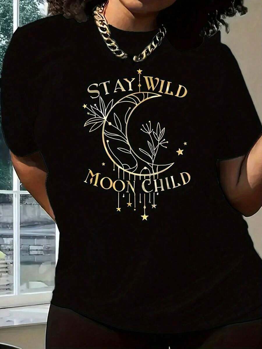 Camiseta gráfica "Stay Wild Moon" en rosa de Allseason S' - Manga corta de poliéster suave con cuello redondo, diseño bohemio de luna y flores, lavable a máquina, top casual para atuendos informales, 100% algodón. - Negro - Ver 1