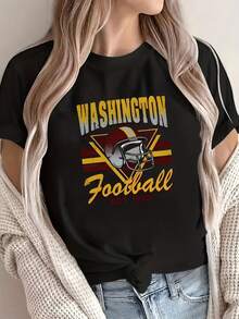 Camiseta de edición limitada con diseño de rayas de casco de fútbol americano de Washington -% algodón, manga corta, cuello redondo casual, camiseta de verano, lavable aáquina, corte holgado, cómoda, suave, elástica y bien ajustada, moda femenina, algodón ligero. - Blanco - Ver 7