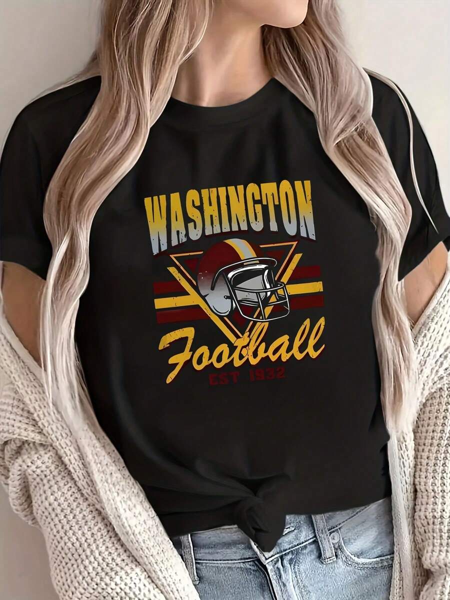 Camiseta de edición limitada con diseño de rayas de casco de fútbol americano de Washington -% algodón, manga corta, cuello redondo casual, camiseta de verano, lavable aáquina, corte holgado, cómoda, suave, elástica y bien ajustada, moda femenina, algodón ligero. - Negro - Ver 1