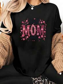 Highly Recommended [S-7XL] New Women's Cotton T-Shirt, Short Sleeve Floral Print T-Shirt For Mother's Day. This Short-Sleeved T-Shirt With A Round Neck Is Soft, Breathable, And Versatile, Making It Suitable For Everyday Wear-A Must-Have For Fashionable Women! The Perfect Gift For Mom On Mother's Day. Easy To Match. - 黑色 - 查看 8