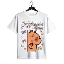 Tops para mujer de manga corta con cuello redondo de mezcla de algodón para mujer, diseño Capybara's Day, linda y casual. - Blanco - Ver 2