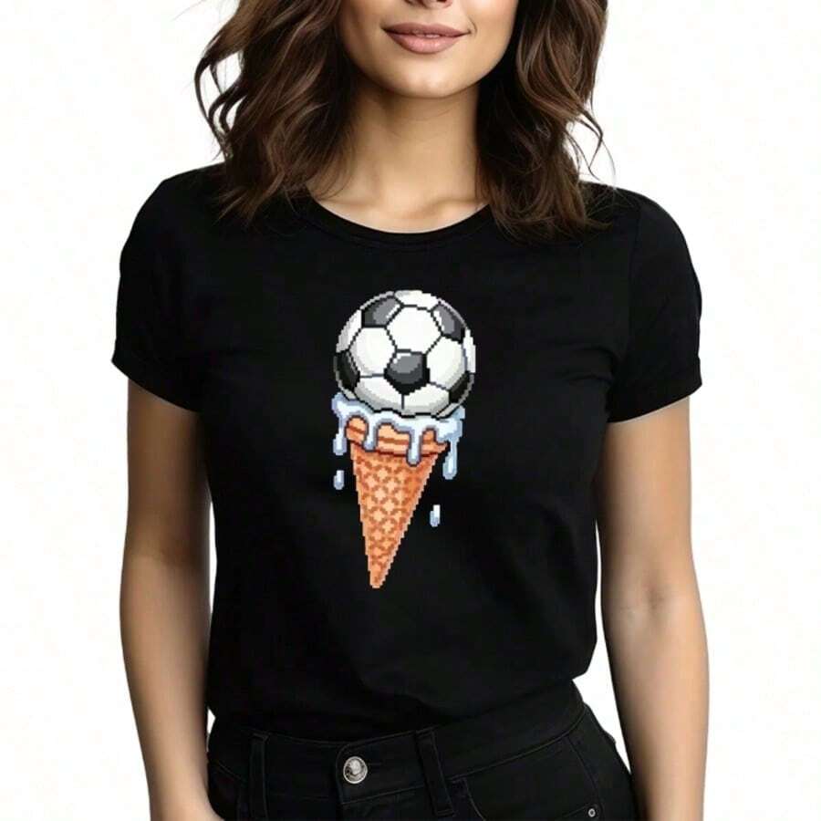 Tops para mujer Casual de Algodón Blanco para Mujer con Estampado Único de Balón de Fútbol y Helado, Cuello Redondo y Manga Corta - Negro - Ver 1