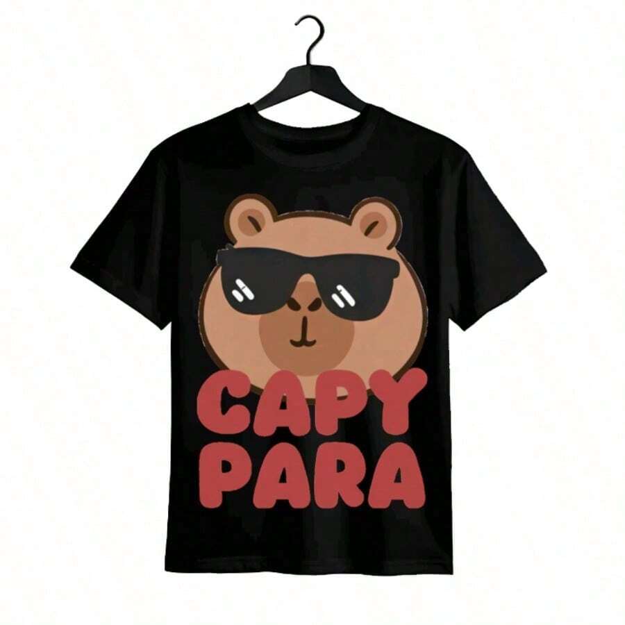 Tops para mujer de manga corta con estampado de capibara para mujer, cuello redondo, informal, de algodón. - Negro - Ver 1