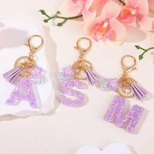1 Pc Cute Purple Glitter Letter Keychain, Initial Resin Keyring With Tassel & Star Charm, Fashion Aesthetic Purse & Car Key Accessory - Purple - View 12