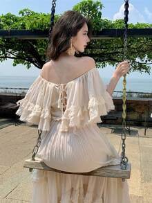 Women's Long Bohemian Summer Dress, Off-The-Shoulder With Ruffles And Bow, Wide Skirt With Floral Print, White Color, Cotton And Linen Fabric, Ideal For Beach And Holidays. - 杏色 - 查看 7