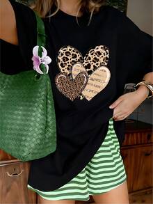 Western Leopard Print Glitter Stripe Hearts Graphic T-Shirt, 100% Cotton Oversized Soft Breathable Stylish Tee, Casual Crewneck Short Sleeve Top For Daily Wear & Country Style Lovers - 黑色 - 查看 1