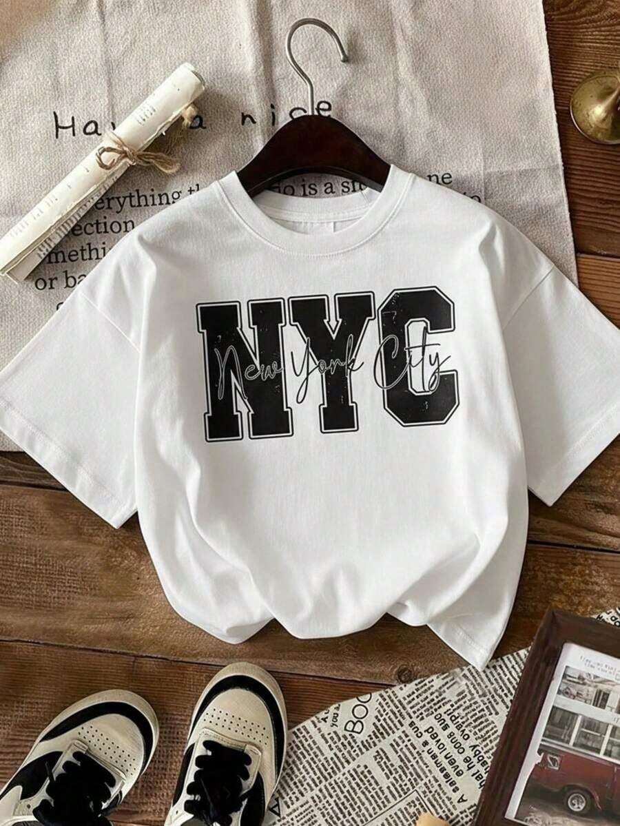 Women's T-Shirt, Round Neck, Short Sleeves, Graphic Print Of City Names NYC NEW YORK CITY, American Style, Modern Urban Design, Round Neck, Short Sleeves, Spring/Summer, Everyday Wear (Retro Style, Casual Style, Unisex) - 白色的 - 查看 1