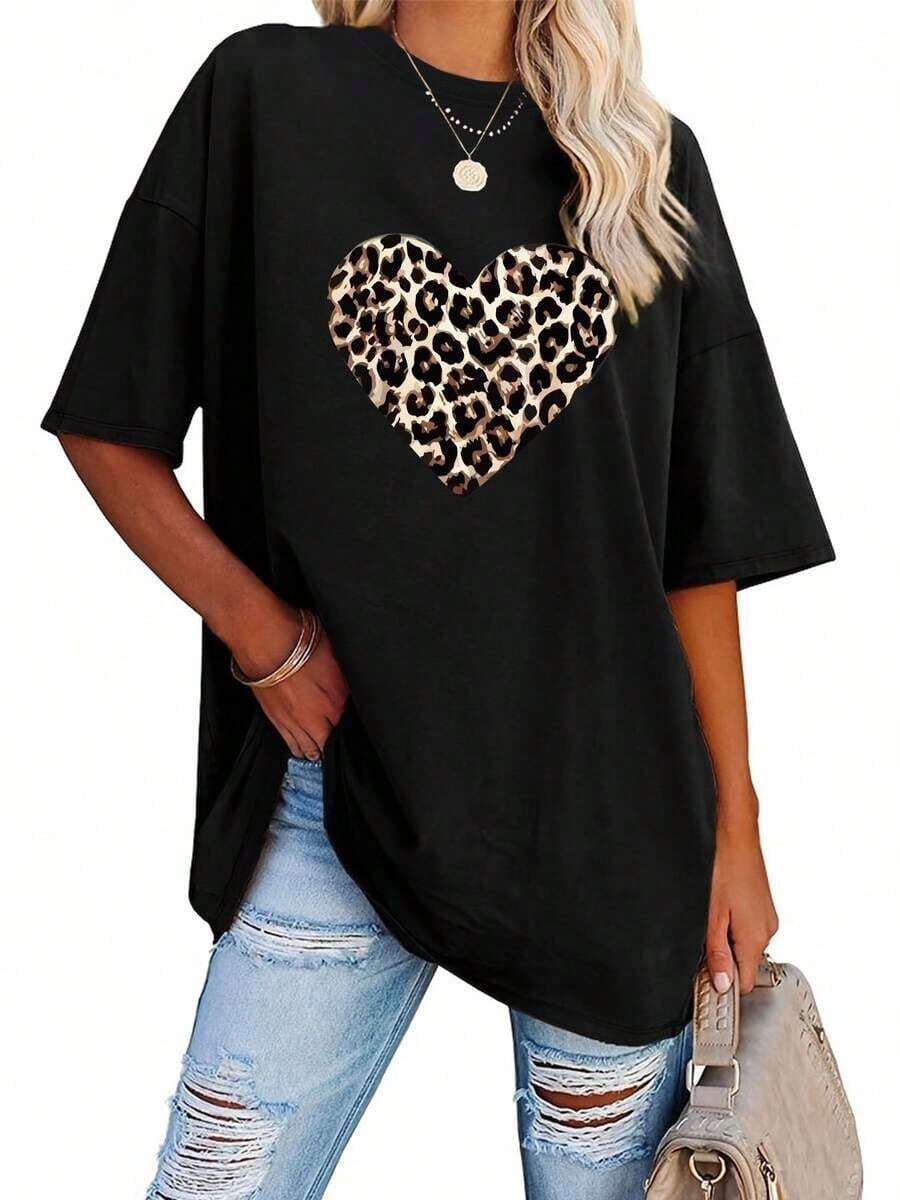 1 pieza [Camiseta Deportiva] Talla Grande, Estampado de San Valentín, Manga Corta, Cuello Redondo, Estilo Casual, para Verano y Primavera, Ropa de Talla Grande para Mujer |     Corte relajado |     Talla grande 100% algodónropa de calor mujer - Negro - Ver 1