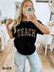 Camiseta de verano para mujer, informal, 100% algodón, camiseta de profesora, camiseta de leopardo, estampado animal con letras universitarias, camisetas para profesoras, regalos de agradecimiento para profesores, regalo de graduación para profesores, moda. - Negro - Ver 1