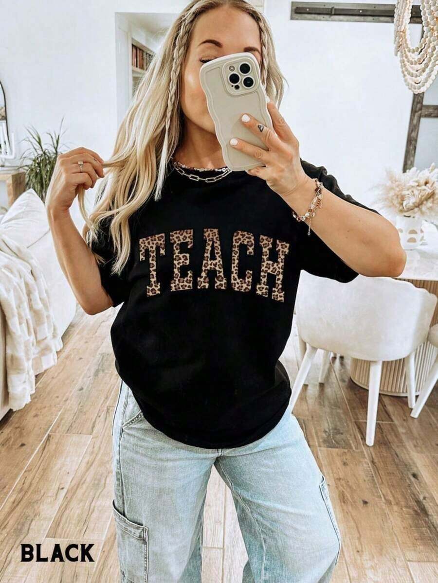 Women's Summer T-Shirt, Casual, 100% Cotton, Teacher T-Shirt, Leopard Print T-Shirt, Animal Print With College Lettering, Teacher T-Shirts, Teacher Appreciation Gifts, Teacher Graduation Gift, Fashion. - 黑色 - 查看 1