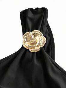 Vestido de cola de pez con cuello fruncido y decoración de broche azul - Negro - Ver 3