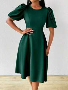 Vestido verde de manga abullonada larga, cuello en V, cintura recogida y bajo acampanado, para primavera y verano - Verde Oscuro - Ver 6