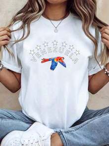 Camiseta de Algodón con Estampado  para Mujer, Talla Grande, Moda Casual de Manga Corta para Uso Diario - Blanco - Ver 6