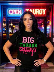 Camiseta Big Taurus Energy para Mujer, Camiseta con Gráfico del Signo Zodiacal, Estampado en Rosa y Verde Intenso, Top Casual de Moda - Negro - Ver 2