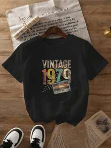 Camiseta de mujer moderna, informal, para fiestas y para estar en casa, 100% algodón, corte holgado.1pscVintage 1979 Women's Round Neck T-Shirt Retro Cassette Tape Design Casual Summer Top for Women Nostalgic 70s Style Graphic Tee Shirt100%cotton - Negro - Ver 7