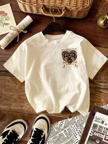 Women's Clothing Casual Short-Sleeved Shirt With Round Neck, Regular Fit, Bohemian Style, Stretchy Fabric, Heart-Shaped Tiger Print, Suitable For Summer, Women's Shirts - 杏色 - 查看 2