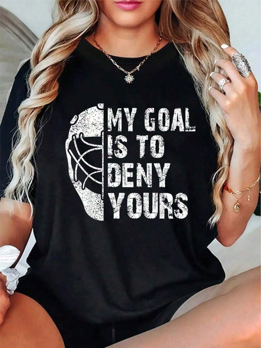 Camiseta 100% Algodón Divertida con la Frase 'Mi Objetivo es Negar el Tuyo', Regalo para Portero de Hockey sobre Hielo - Negro - Ver 1