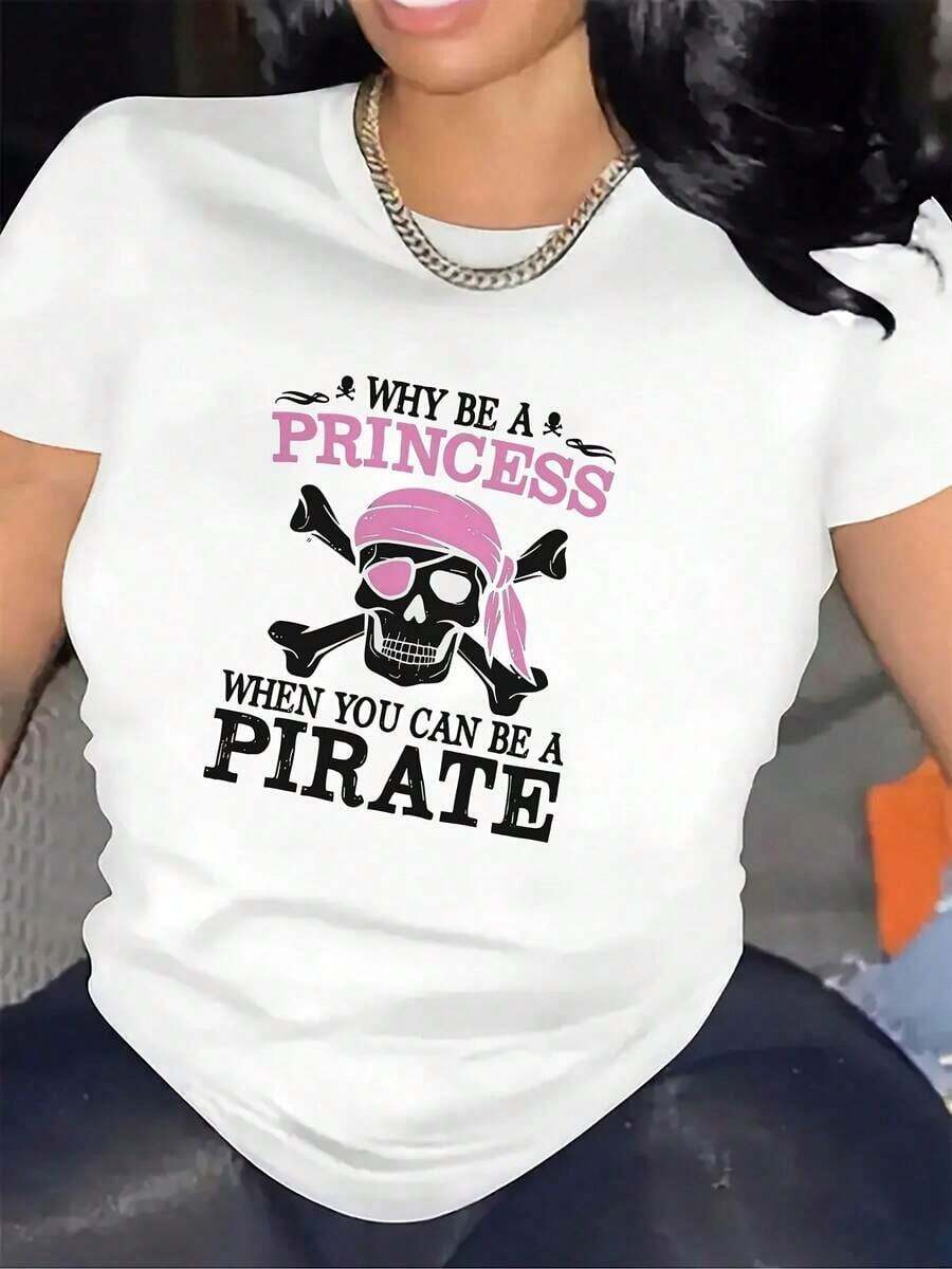 Modern And Minimalist Short-Sleeved Polyester T-Shirt For Living Room Use, Lightweight And With A Fun Pirate Design, Ideal For Casual Home Wear, Stylish Graphic T-Shirt For Everyday Casual Outfits. - 白色 - 查看 1