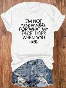Women's Casual Short Sleeve T-Shirt, Modern Minimalist Style, Sizes 0-8XL, With Chunky Letter Print, Round Neck, Comfortable Fit For Everyday Wear, For All Seasons, Ladies' T-Shirts, Casual Everyday Wear, Non-See-Through Fabric. - 白色 - 查看 7